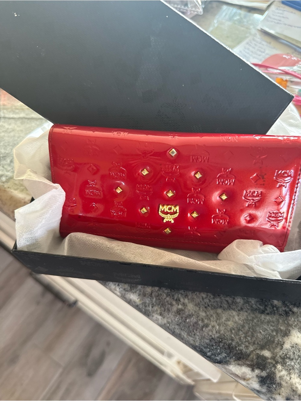 MCM Shiny Red Patent Logo-Embossed Continental Wallet with Gold Accents - Picture 1 of 10